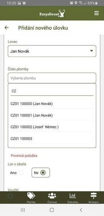 Výběr plomby s jménem lovce