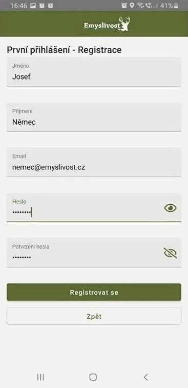 Registrace v mobilní aplikaci