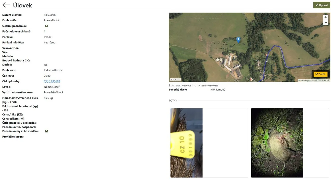 Webová aplikace: detail úlovku s mapou a fotkami