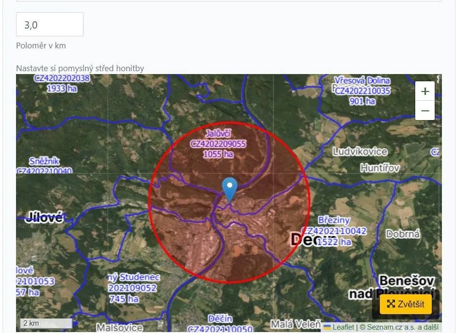 Mapa s pomyslným středem honitby a poloměrem