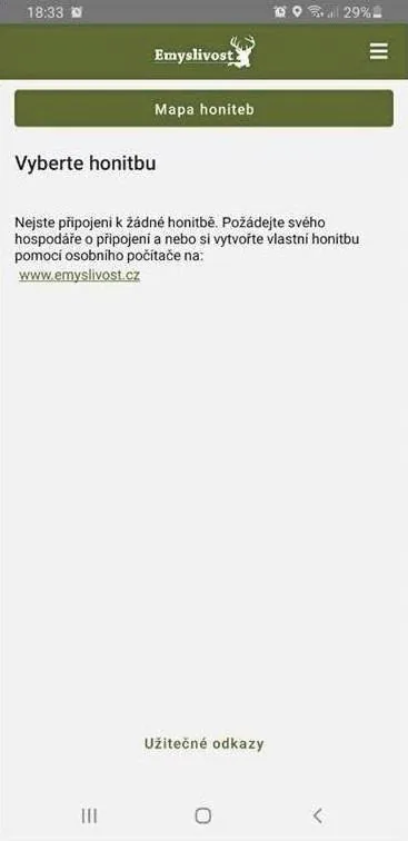 Úvodní obrazovka uživatele bez honitby