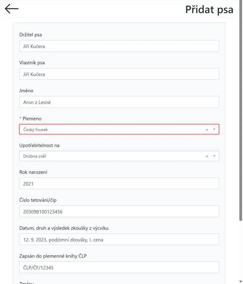 Formulář nového psa