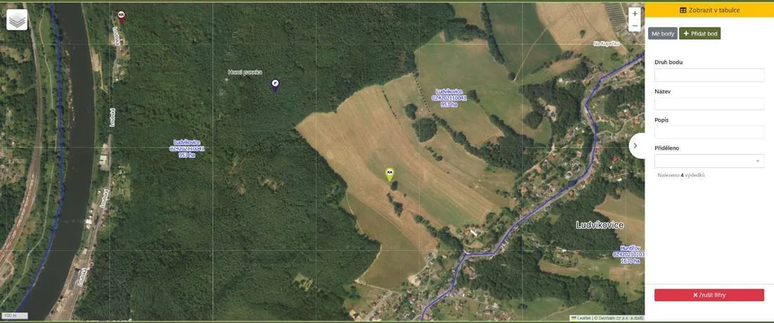 Mapa místopisu s body honitby