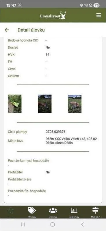 Detail úlovku – fotografie a plomba
