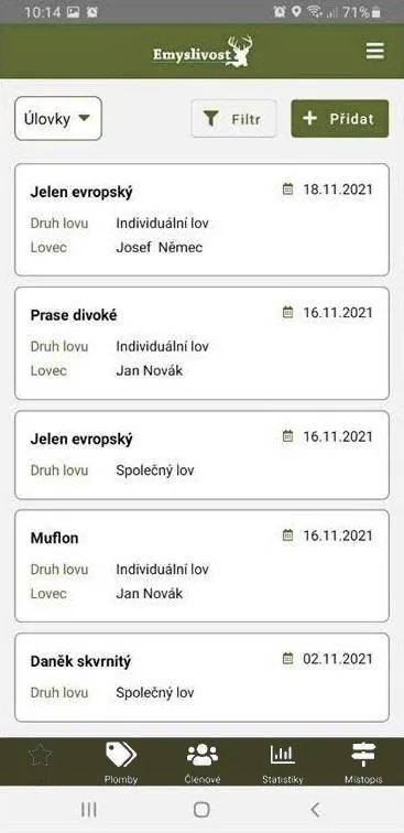 Přehled úlovků s tlačítkem Přidat