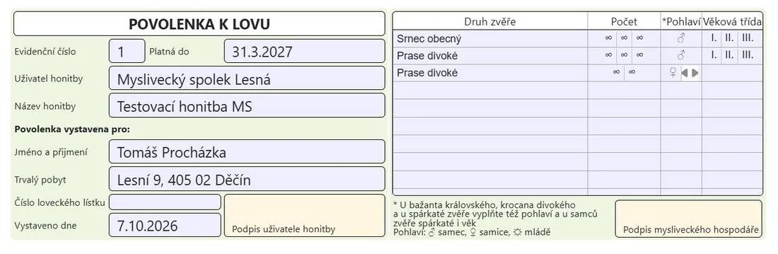 Náhled povolenky k lovu