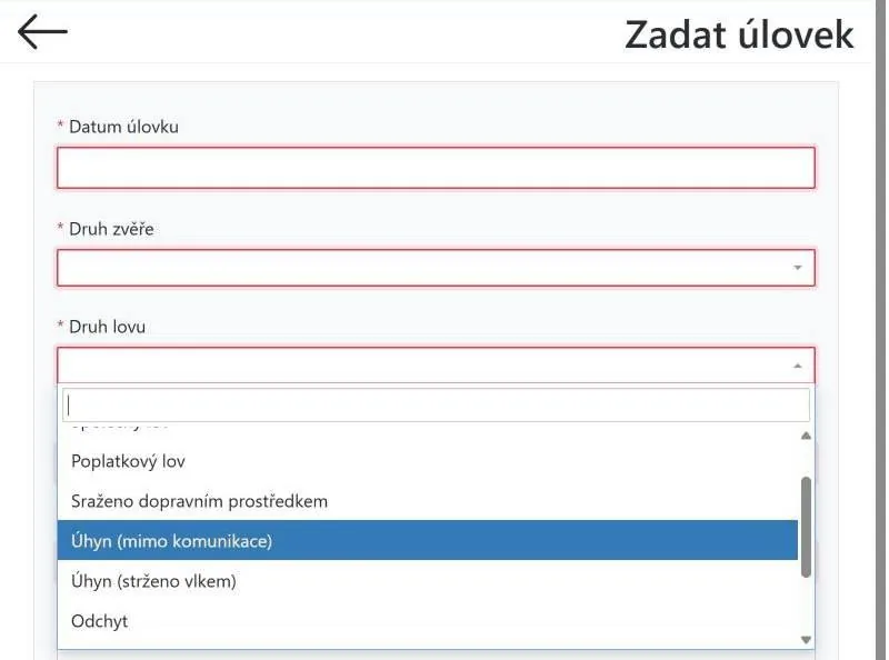 Výběr druhu lovu Úhyn ve formuláři úlovku