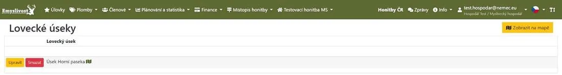 Lovecké úseky v tabulce