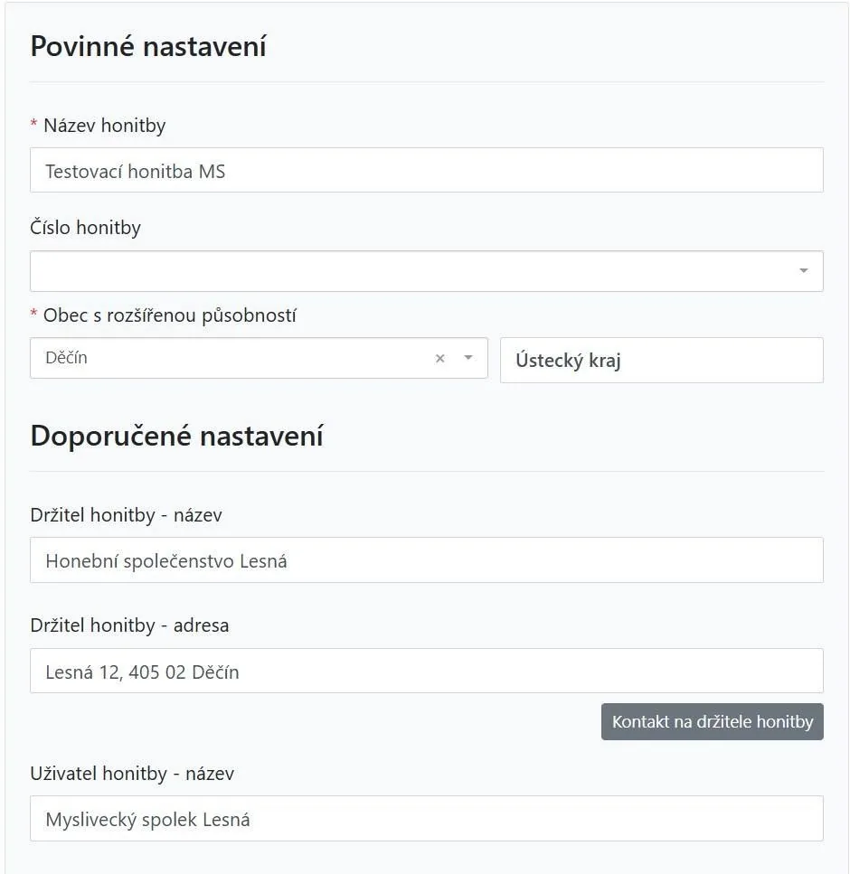 Nastavení honitby – povinné a doporučené údaje