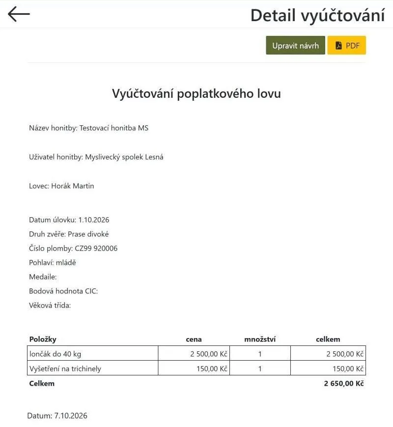 Náhled vyúčtování poplatkového lovu