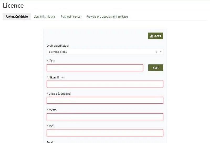 Fakturační údaje pro licenci