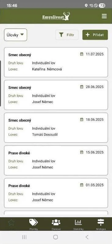 Přehled úlovků v mobilu