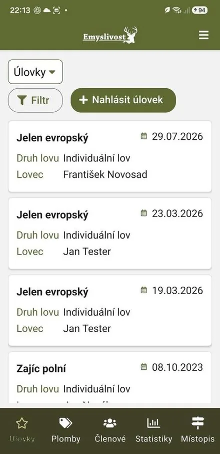 Přehled úlovků s tlačítkem Nahlásit úlovek