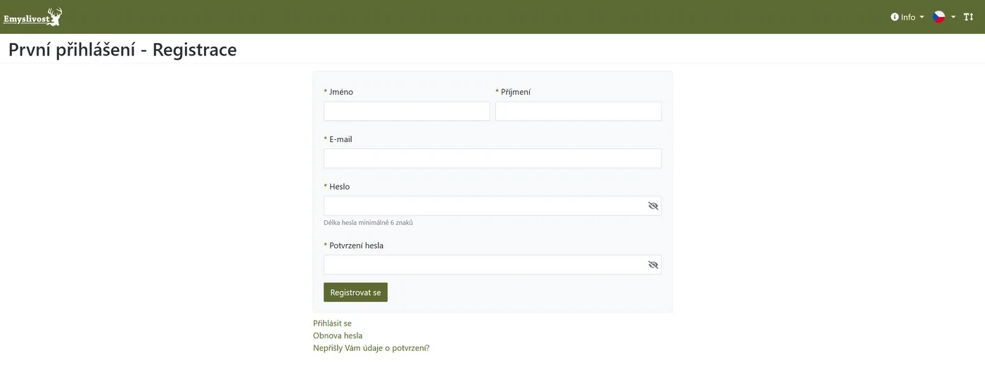 Stránka První přihlášení – Registrace ve webové aplikaci