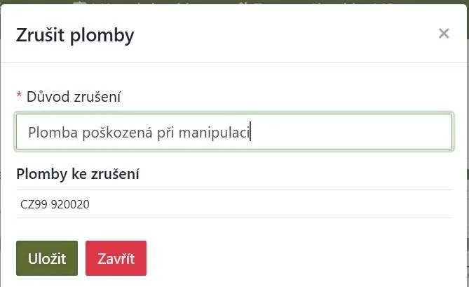 Okno Zrušit plomby s důvodem zrušení