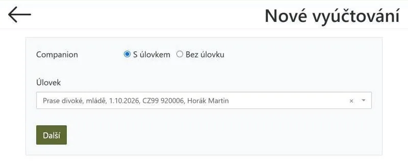Nové vyúčtování – výběr úlovku