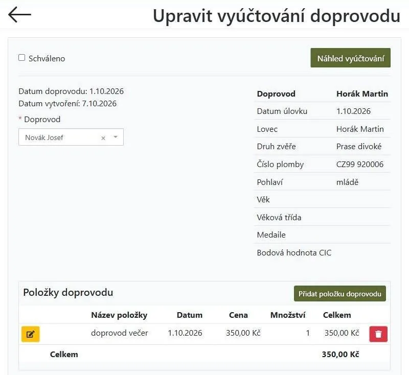 Vyúčtování doprovodu s položkou