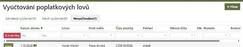 Záložka Nevyúčtováno s úlovkem poplatkového lovce