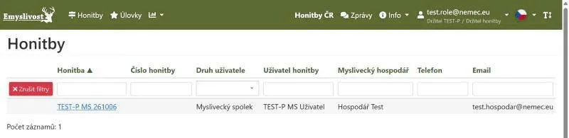 Přehled honiteb držitele