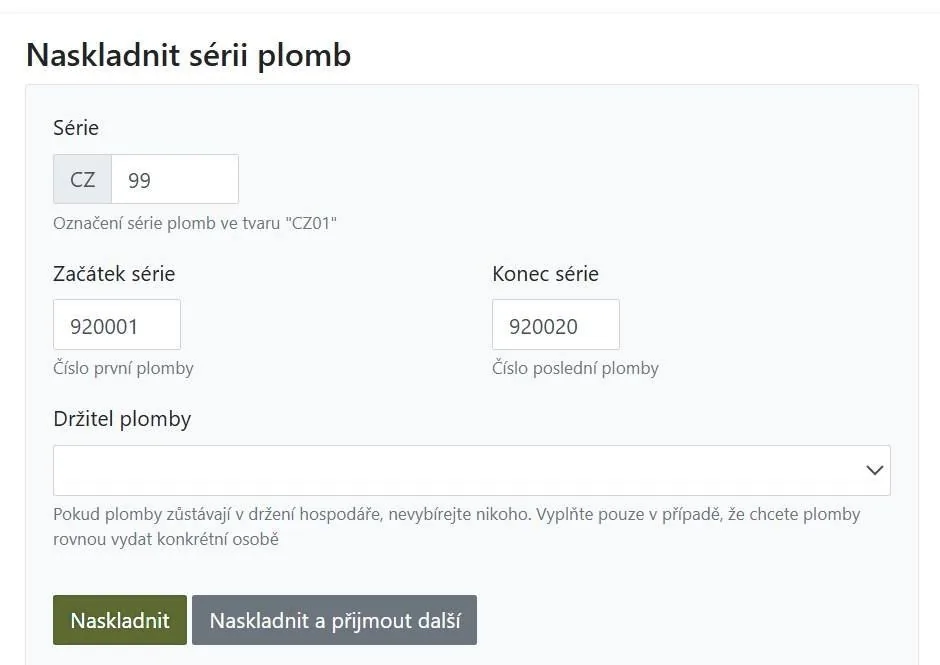 Formulář Naskladnit sérii plomb