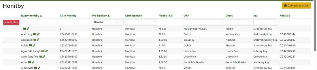 Tabulka honiteb s ikonou mapy a tužky