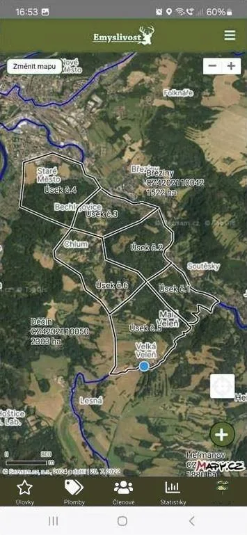 Lovecké úseky v mapě