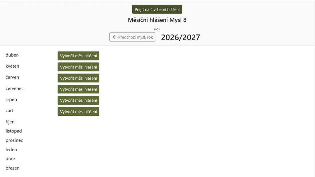 Měsíční hlášení Mysl 8 s tlačítky Vytvořit měs. hlášení