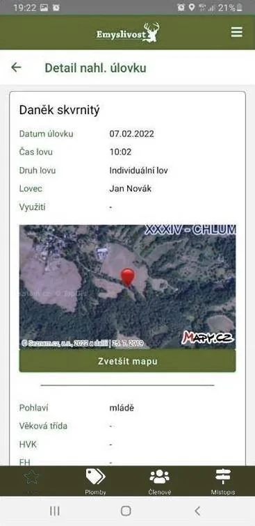Detail hlášení – místo lovu