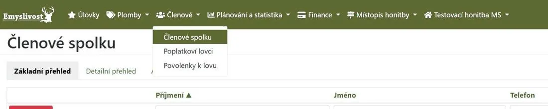 Menu Členové s položkami Členové spolku, Poplatkoví lovci a Povolenky k lovu