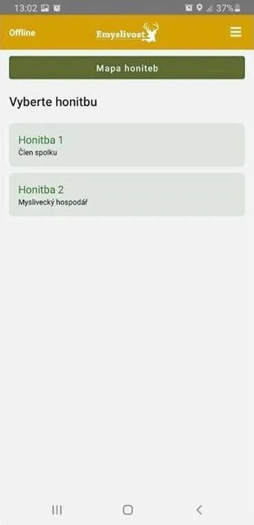 Off-line režim – výběr honitby