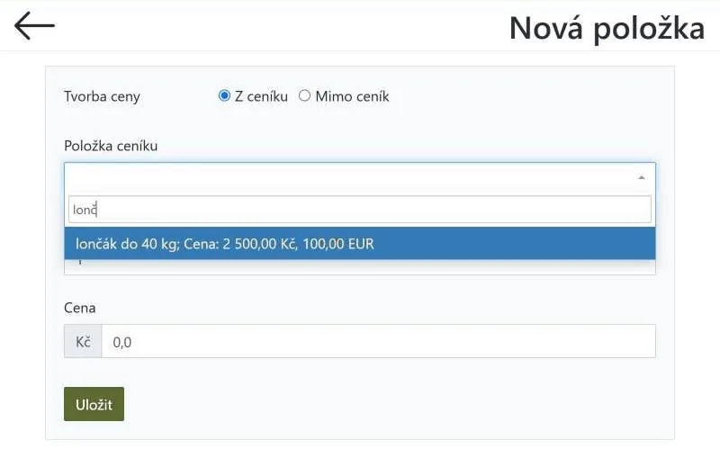 Položka z ceníku – vyhledání podle názvu