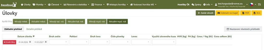 Nová honitba po uložení – přehled Úlovky
