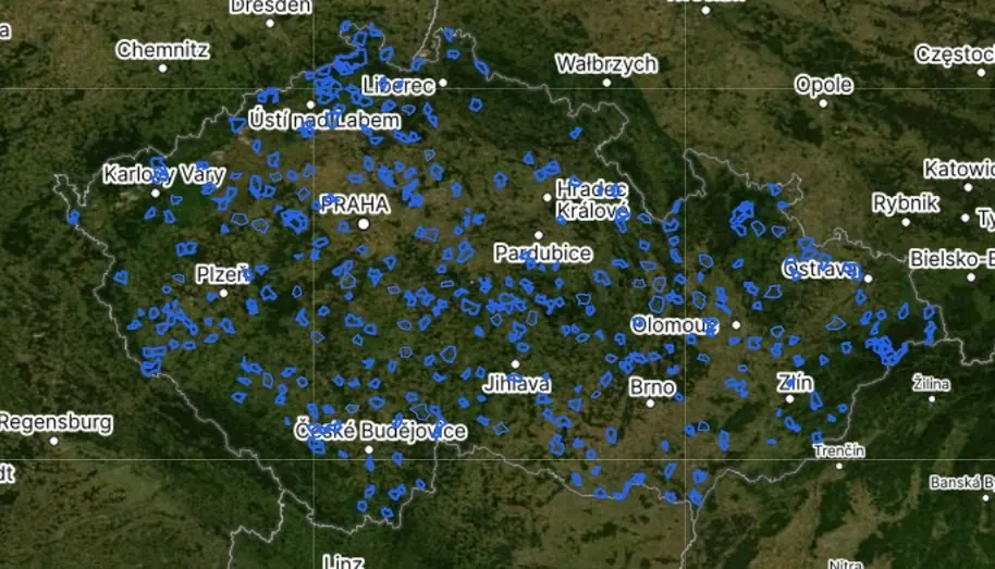 Mapa České republiky s vyznačenými honitbami, které využívají Emyslivost
