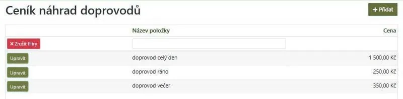 Ceník náhrad doprovodů – ráno, večer, celý den