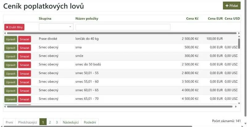 Ceník poplatkových lovů s předvyplněnými položkami