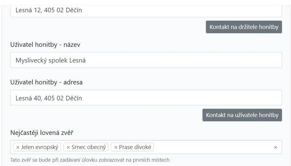 Tlačítka Kontakt na držitele a uživatele honitby v nastavení