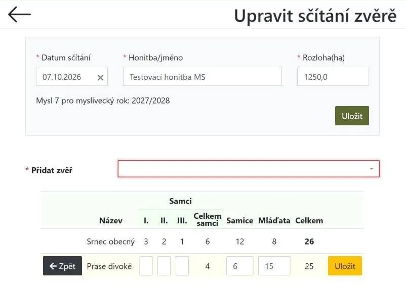 Zápis počtů sečtené zvěře