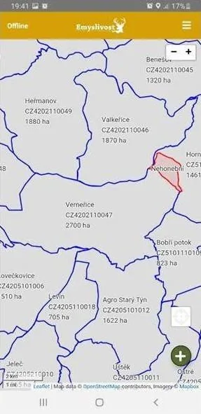 Off-line mapa s hranicemi honiteb