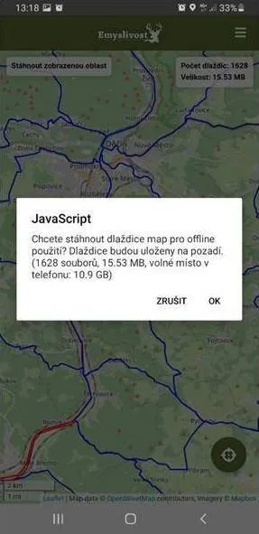 Potvrzení stažení mapových dlaždic