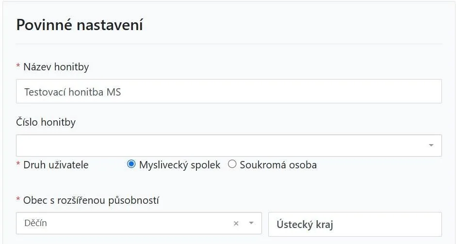 Vyplněné povinné nastavení