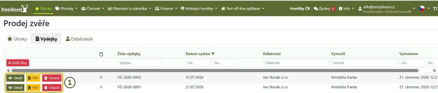 Krok 3: přehled výdejek s detailem a PDF