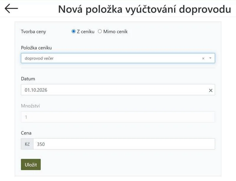 Položka doprovodu z ceníku