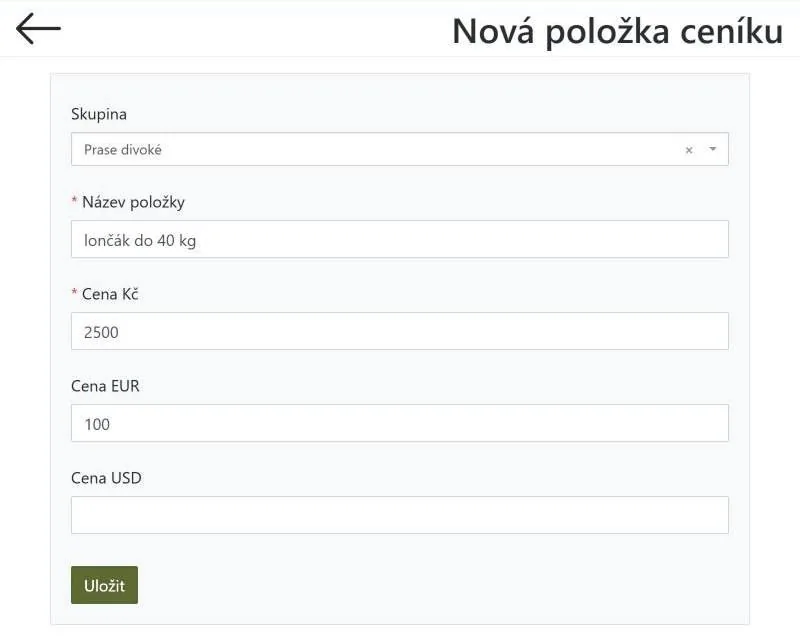 Formulář nové položky ceníku