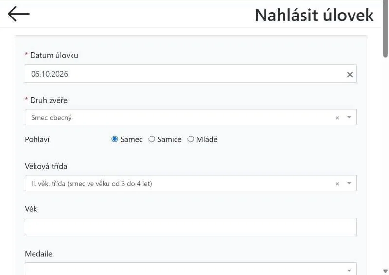 Formulář Nahlásit úlovek – datum, druh zvěře, pohlaví a věková třída