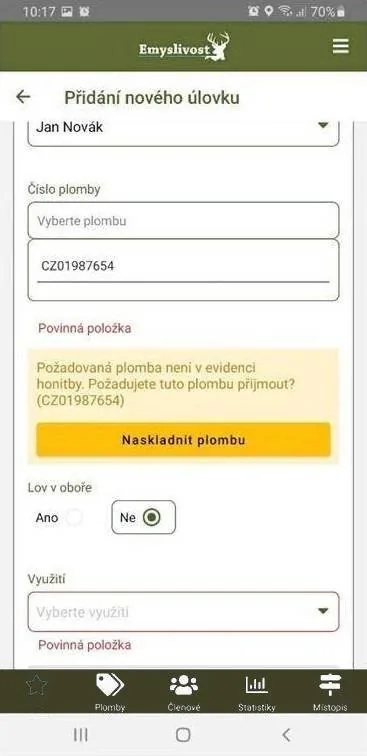 Naskladnění plomby při zápisu úlovku