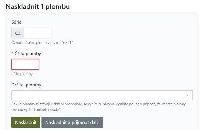 Formulář Naskladnit 1 plombu