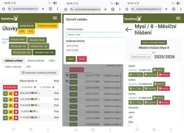Webová aplikace v telefonu – úlovky, výdejka plomb a Mysl 8