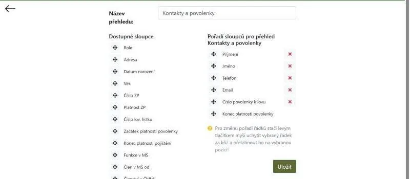 Výběr sloupců pro přehled Kontakty a povolenky