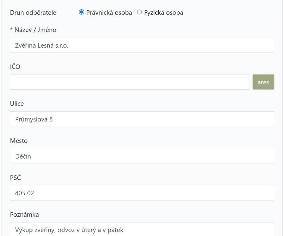 Formulář nového odběratele