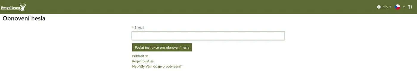 Stránka Obnovení hesla ve webové aplikaci